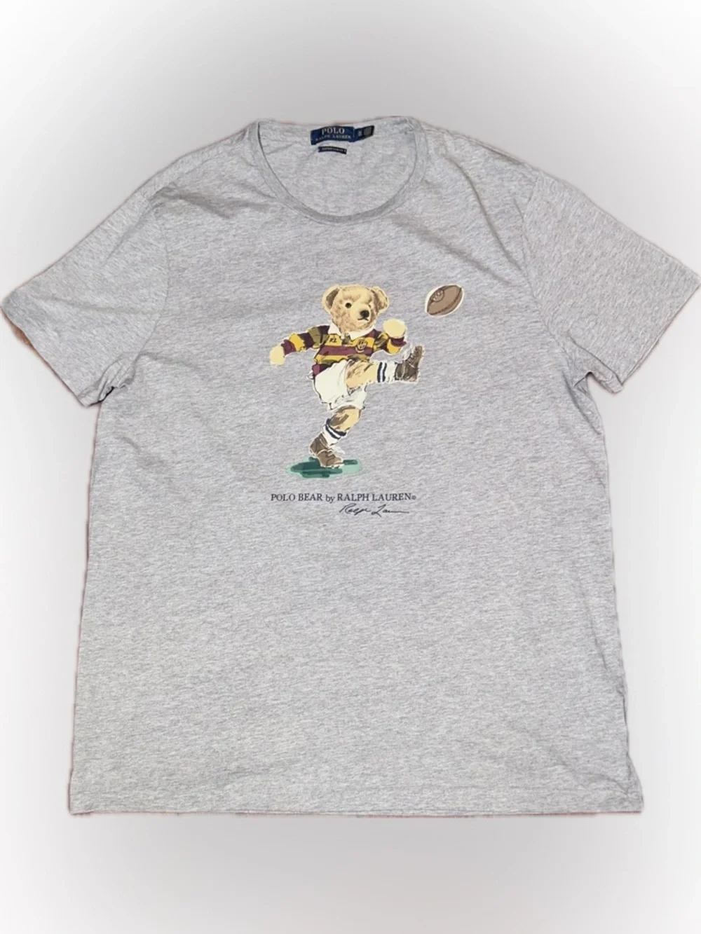Polo Bear Ralph Lauren Custom Slim Fit Rugby Kicking Football Preppy TShirt Gray